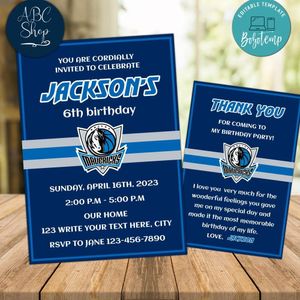 Dallas Mavericks Party Invitations and Free Thank You Card Instant Download
