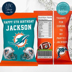 Printable Miami Dolphins Birthday Chip Bags Instant Download