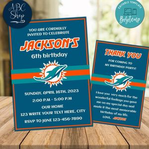 Miami Dolphins Party Invitations and Free Thank You Card Instant Download