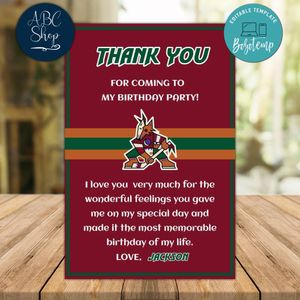 Arizona Coyotes Thank you card Template to Print at Home Instant Download