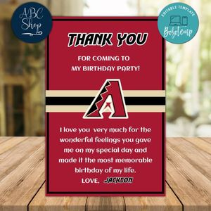 Arizona Diamondbacks Thank you card Template to Print at Home Instant Download