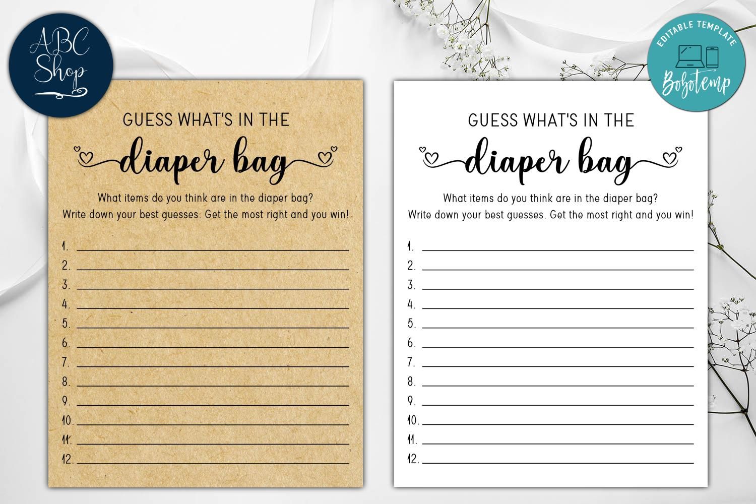 Printable Guess What s In The Diaper Bag Baby Shower Game DIY 