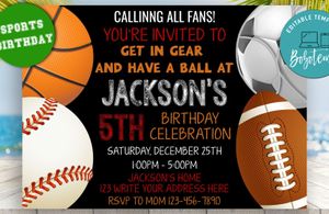 Editable Sports, Basketball, Baseball, Football, Soccer Invitations Instant Download