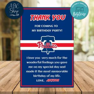Philadelphia Phillies Thank you card Template to Print at Home Instant Download