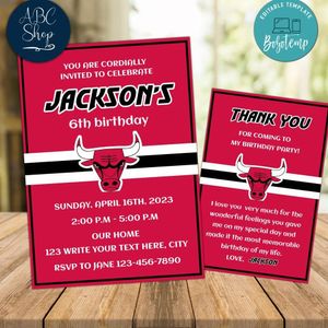 Chicago Bulls Party Invitations and Free Thank You Card Instant Download