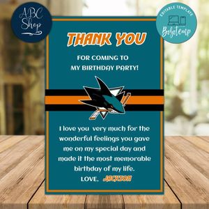 San Jose Sharks Thank you card Template to Print at Home Instant Download