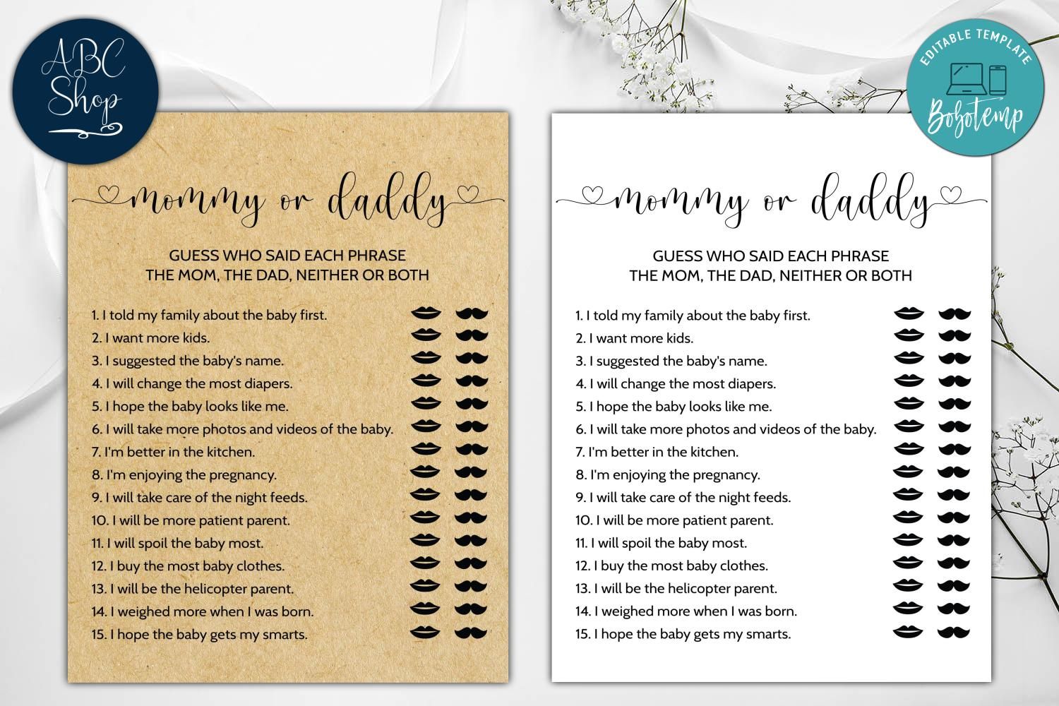 Printable Mommy Or Daddy Baby Shower Game Instant Download | Bobotemp