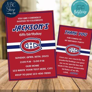 Montréal Canadiens Party Invitations and Free Thank You Card Instant Download