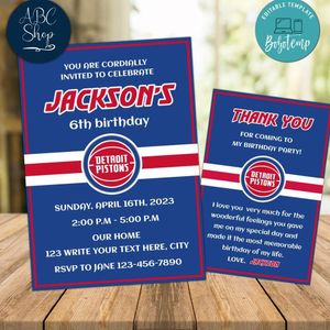 Detroit Pistons Party Invitations and Free Thank You Card Instant Download