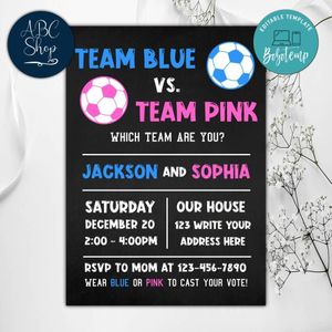 Soccer Team Pink Or Team Blue Invitation Instant Download