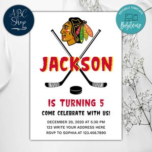 Printable Chicago Blackhawks Birthday Invitations Instant Download