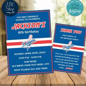 Los Angeles Dodgers Party Invitations and Free Thank You Card Instant Download