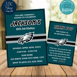 Philadelphia Eagles Party Invitations and Free Thank You Card Instant Download