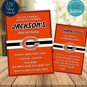 Chicago Bears Party Invitations and Free Thank You Card Instant Download