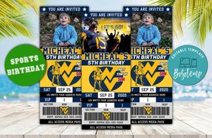 Editable West Virginia Mountaineers Birthday Ticket Party Invitations Instant Download