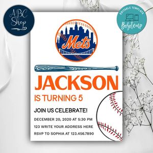 Printable New York Mets Birthday Invitations Instant Download