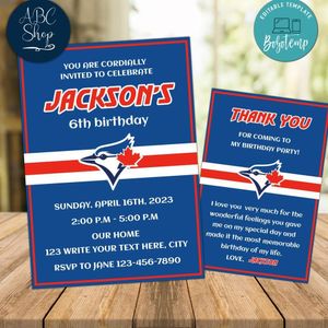 Toronto Blue Jays Party Invitations and Free Thank You Card Instant Download
