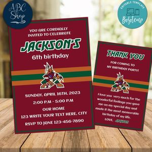 Arizona Coyotes Party Invitations and Free Thank You Card Instant Download