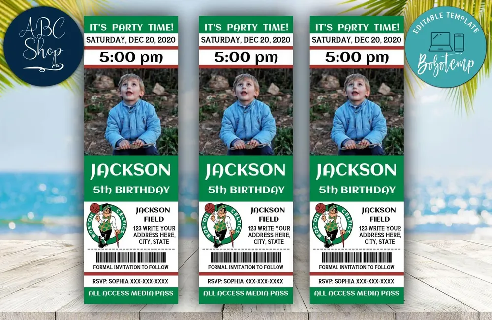 Printable Boston Celtics Birthday Ticket Invitations DIY | Bobotemp