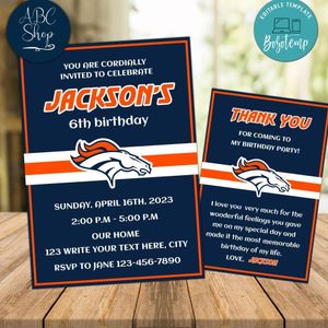 Denver Broncos Party Invitations and Free Thank You Card Instant Download