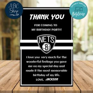 Brooklyn Nets Thank you card Template to Print at Home Instant Download
