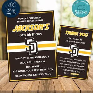 San Diego Padres Party Invitations and Free Thank You Card Instant Download