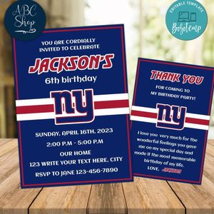 New York Giants Party Invitations and Free Thank You Card Instant Download