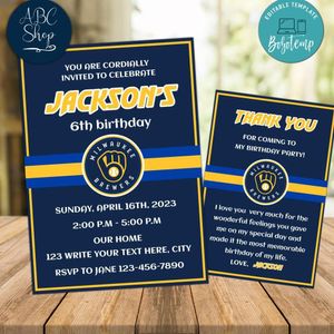 Milwaukee Brewers Party Invitations and Free Thank You Card Instant Download