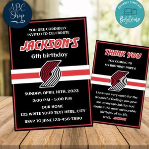 Portland Trail Blazers Party Invitations and Free Thank You Card Instant Download