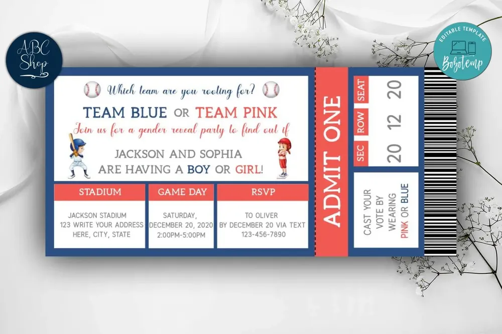 Editable Baseball Ticket Gender Reveal Invitations DIY Createpartylabels