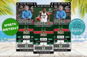 Editable Milwaukee Bucks Basketball Birthday Ticket Invites Instant Download
