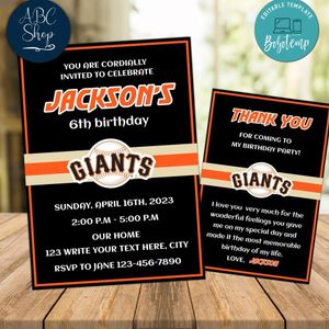 San Francisco Giants Party Invitations and Free Thank You Card Instant Download