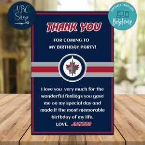 Winnipeg Jets Thank you card Template to Print at Home Instant Download