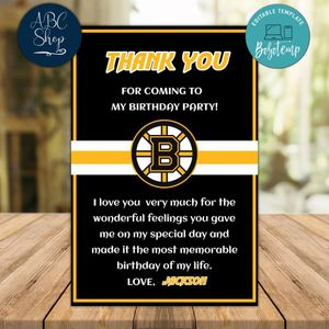 Boston Bruins Thank you card Template to Print at Home Instant Download