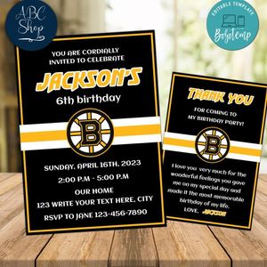 Boston Bruins Party Invitations and Free Thank You Card Instant Download