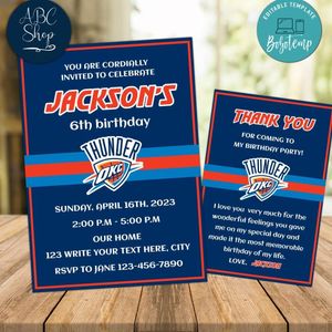 Oklahoma City Thunder Party Invitations and Free Thank You Card Instant Download