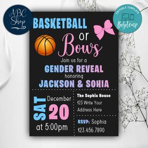 Printable Basketball Or Bows Gender Reveal Invitations Instant Download