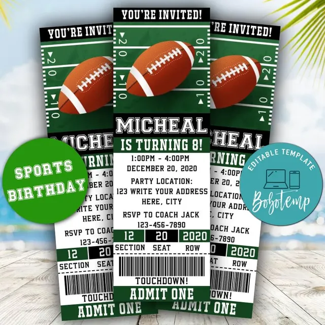 Football Ticket Birthday Editable Templates Instant Download | Bobotemp