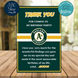 Oakland Athletics Thank you card Template to Print at Home Instant Download