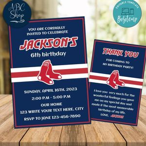 Boston Red Sox Party Invitations and Free Thank You Card Instant Download