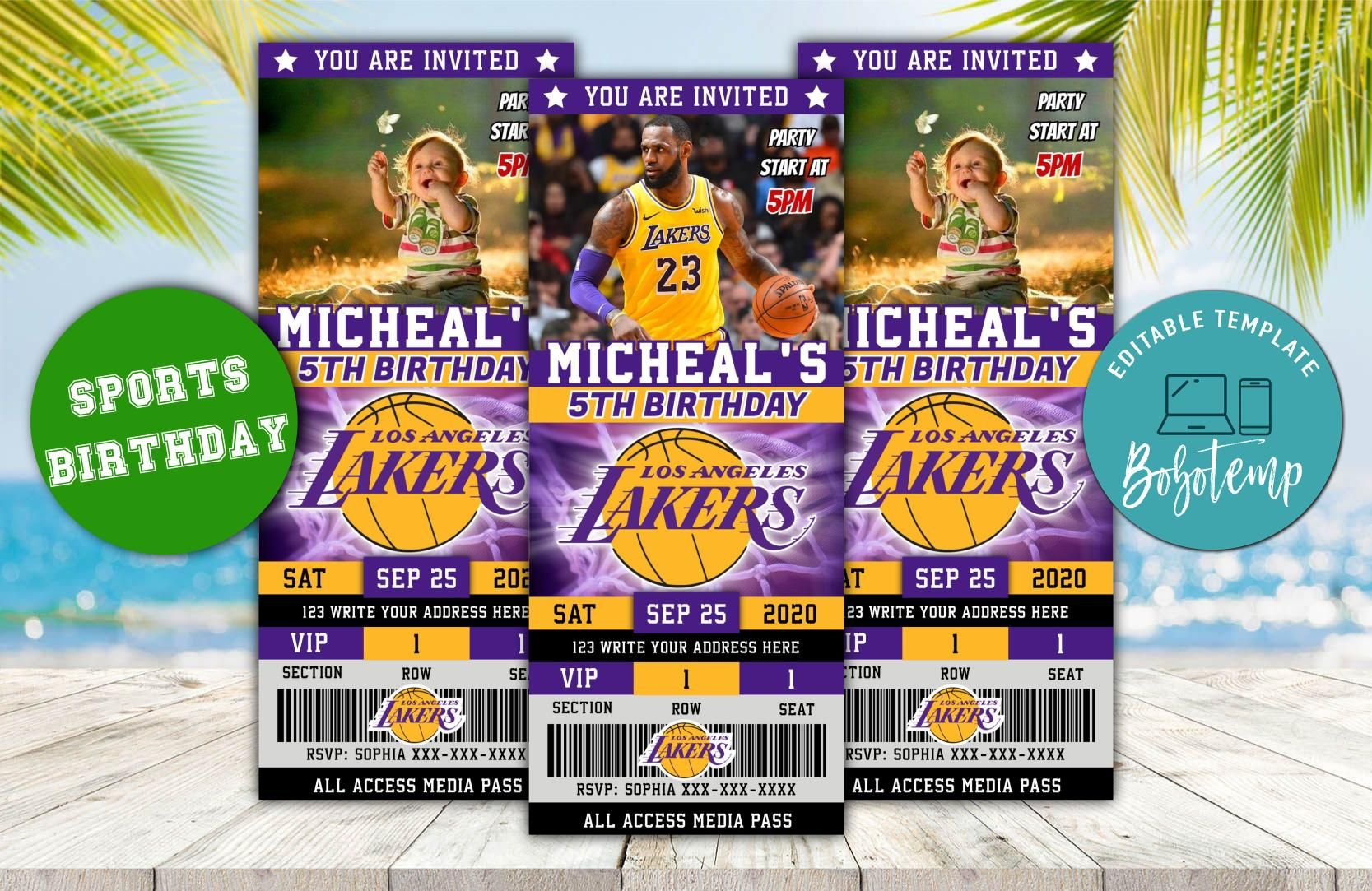 editable los angeles lakers party ticket invitations bobotemp