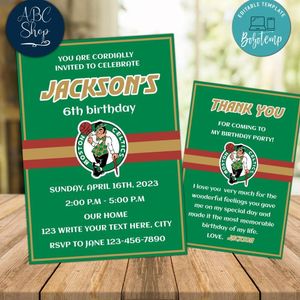Boston Celtics Party Invitations and Free Thank You Card Instant Download