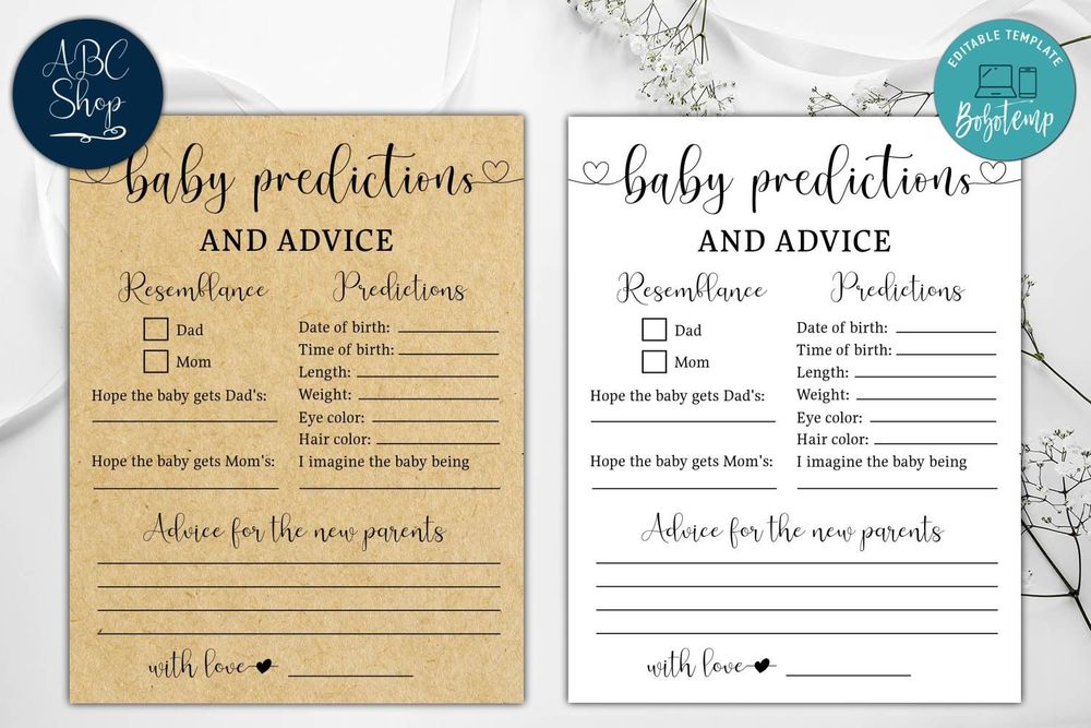 Printable Baby Predictions And Advice Baby Shower Game DIY Bobotemp