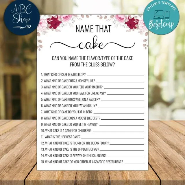 Floral Name That Cake Bridal Shower Games Instant Download | Bobotemp for Free Printable Name That Cake Game