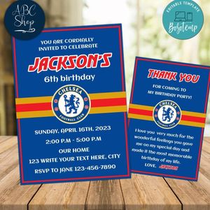 Chelsea Party Invitations and Free Thank You Card Instant Download
