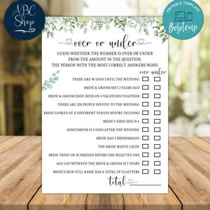 Greenery Over or Under Bridal Shower Game Instant Download