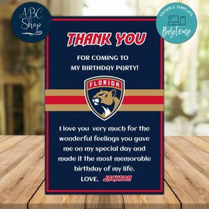 Florida Panthers Thank you card Template to Print at Home Digital Files