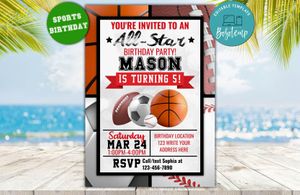 Editable Sports Birthday Invitation, All Star Party Invite Instant Download