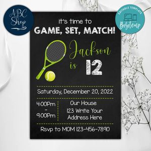 Tennis Birthday Party Invites Instant Download