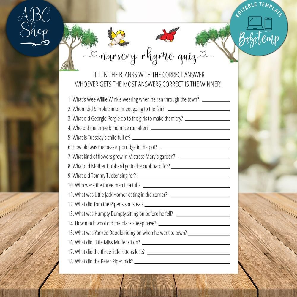 Bird Nursery Rhyme Quiz Baby Shower Games Instant Download Bobotemp